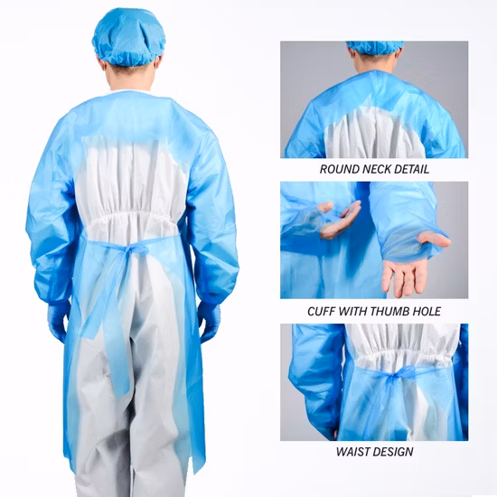 Amarillo/azul AAMI: Pb70 Nivel 2 Nivel 3 SMS 45 GSM /PP/PE/CPE& XXL Vestidos de aislamiento impermeables desechables de tamaño xxxl con FDA, CE