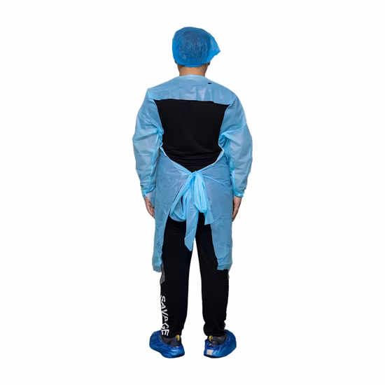 Bata de aislamiento de polietileno clorado CPE, gran oferta, sobre la cabeza, con bucle para el pulgar